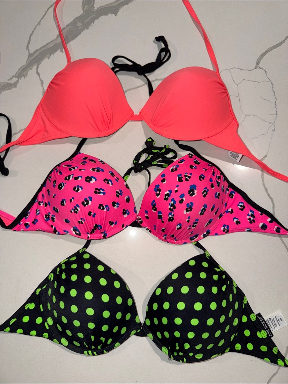 Joe Boxer Neon Coral, Hot Pink Leopard & Black with Lime Dots Bikini Tops